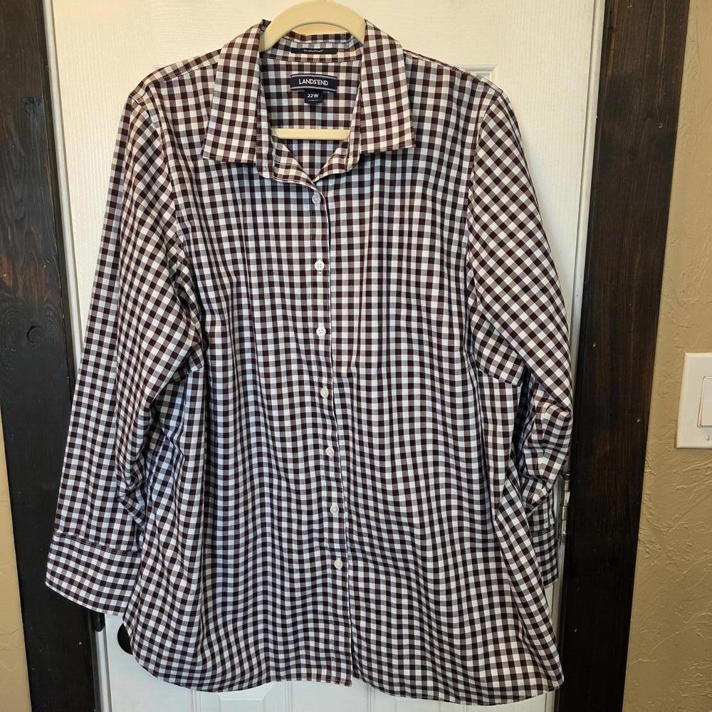Lands' End Women's 22W Brown and White Gingham Cotton Button-Up Shirt